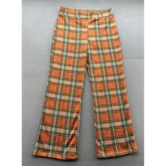 Free People Plaid Wide Leg Pants Sz Small Orange Green Retro Boho Festival - Picture 1 of 10